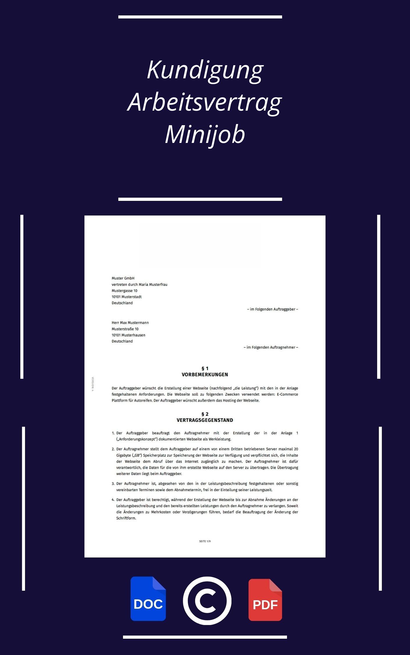 K ndigung Arbeitsvertrag Minijob Muster WORD PDF